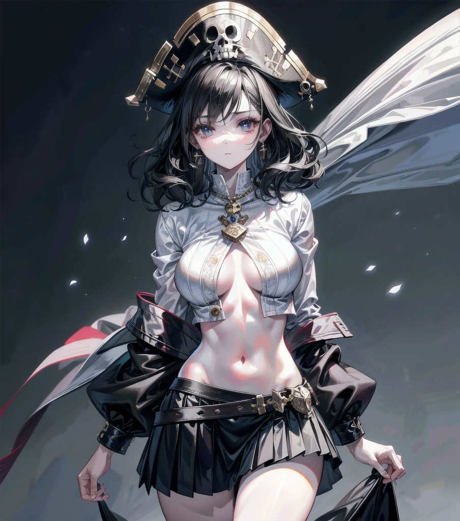 absurdres, RAW photo, extremely delicate, extremely beautiful, masterpiece, Best Quality, ultra high resolution, 32k, hyperrealistic, ultra-detailed description, perfect anatomy, pale skin, 20 years old, detailed beautiful face, detailed beautiful face eyes, tearful mole, earring, short medium hair, wavy hair, black hair, big tits, slim body, narrow waist, whole body, pirate top, short skirt, pirate hat, white shirt, festival,