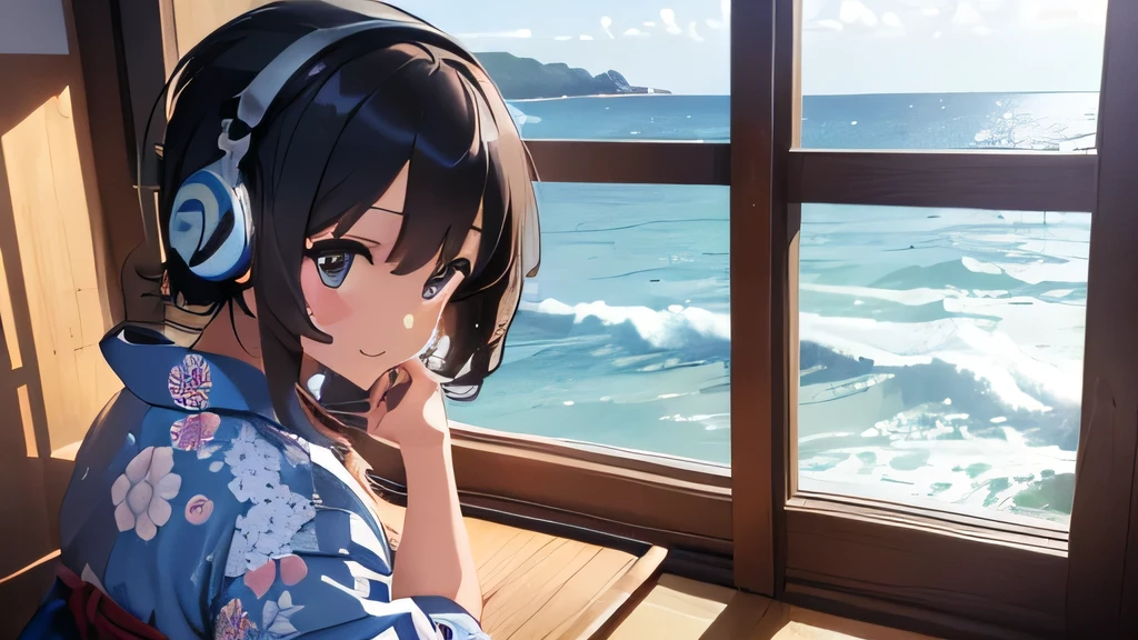 ((masterpiece, 最high quality, 超High resolution, High resolution)), (high quality), (Best illustrations), ((Beautiful fingers)), the 90s, (small detailed delicate face),girl, Shortcuts, cute, yukata, Japan, Ocean ,The best smile, Sit by the window, looking out to Ocean, behind you,Headphones