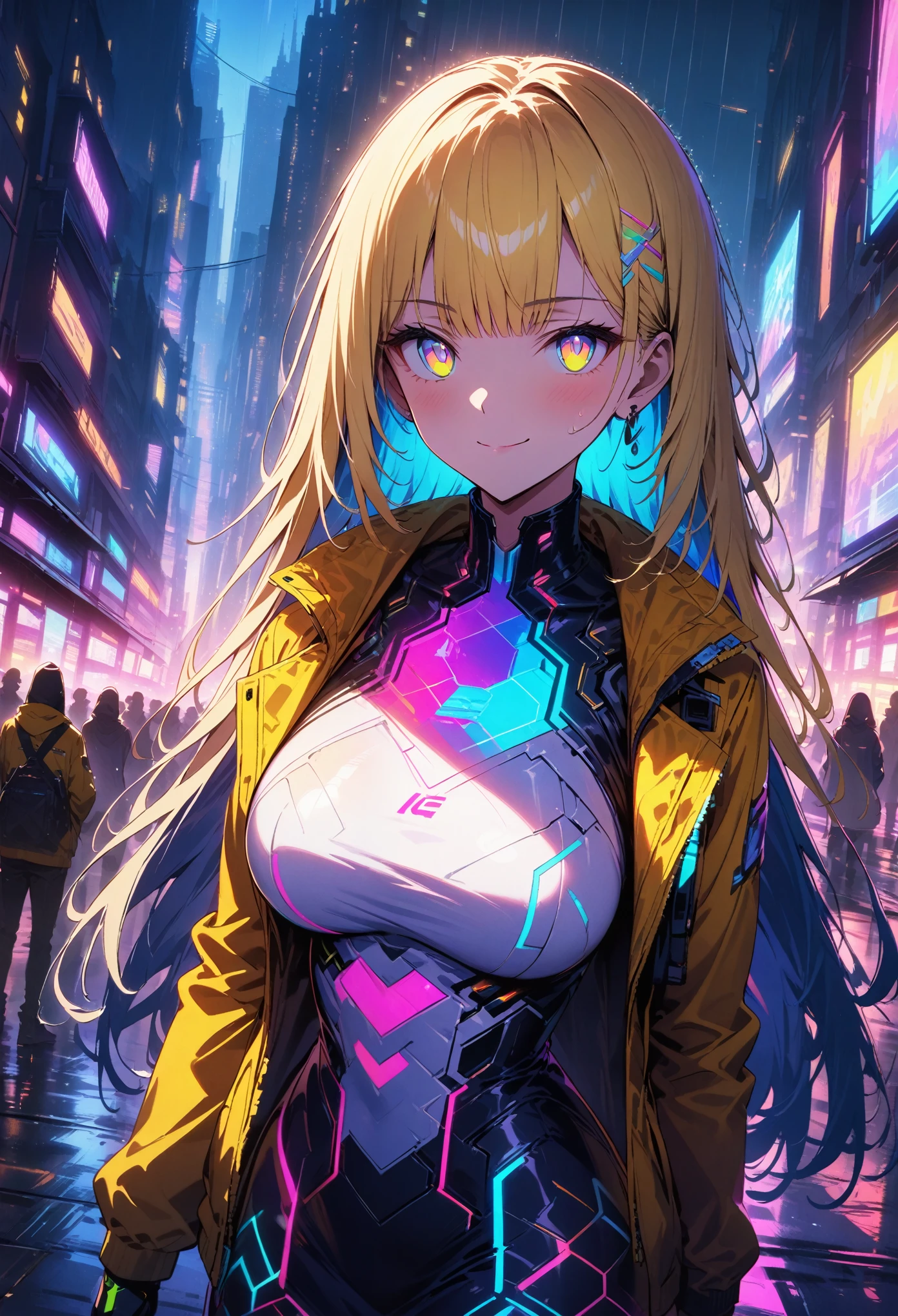 night, Colorful cyberpunk city background, rain, street, very long hair, blonde hair, blue hair highlights, red bangs, yellow bangs, shining eyes, (multicolored eyes:1.5), blue eyes, yellow eyes, large breasts, colorful (white jacket:1.5), futuristic jacket, (hexagon-pattern skirt:1.5), smug expression, smirk, black, backlight, glow, Find an audience, low angle shot, Looking up at the camera, perfect composition, Perfect light and shadow, 8K