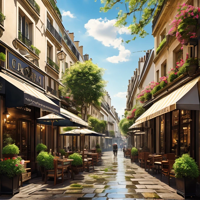 high quality images、8k、Paris cafe, Ultra-realistic, street, drinks on table, Chair, Potted plants 、Morning after rain、Sparkling morning light、