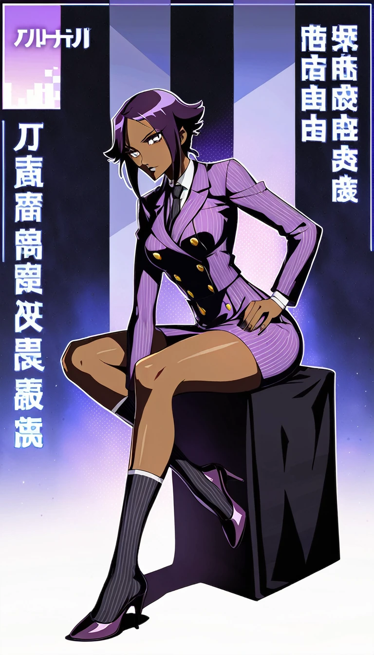  Full body Yoruichi as a thin Black business woman in a double breasted pinstripe purple  skirt suit while wearing a tie with a very long purple pinstripe skirt that covers the legs and with long black knee socks full art and make her sit down also give her thin legs and purple heels