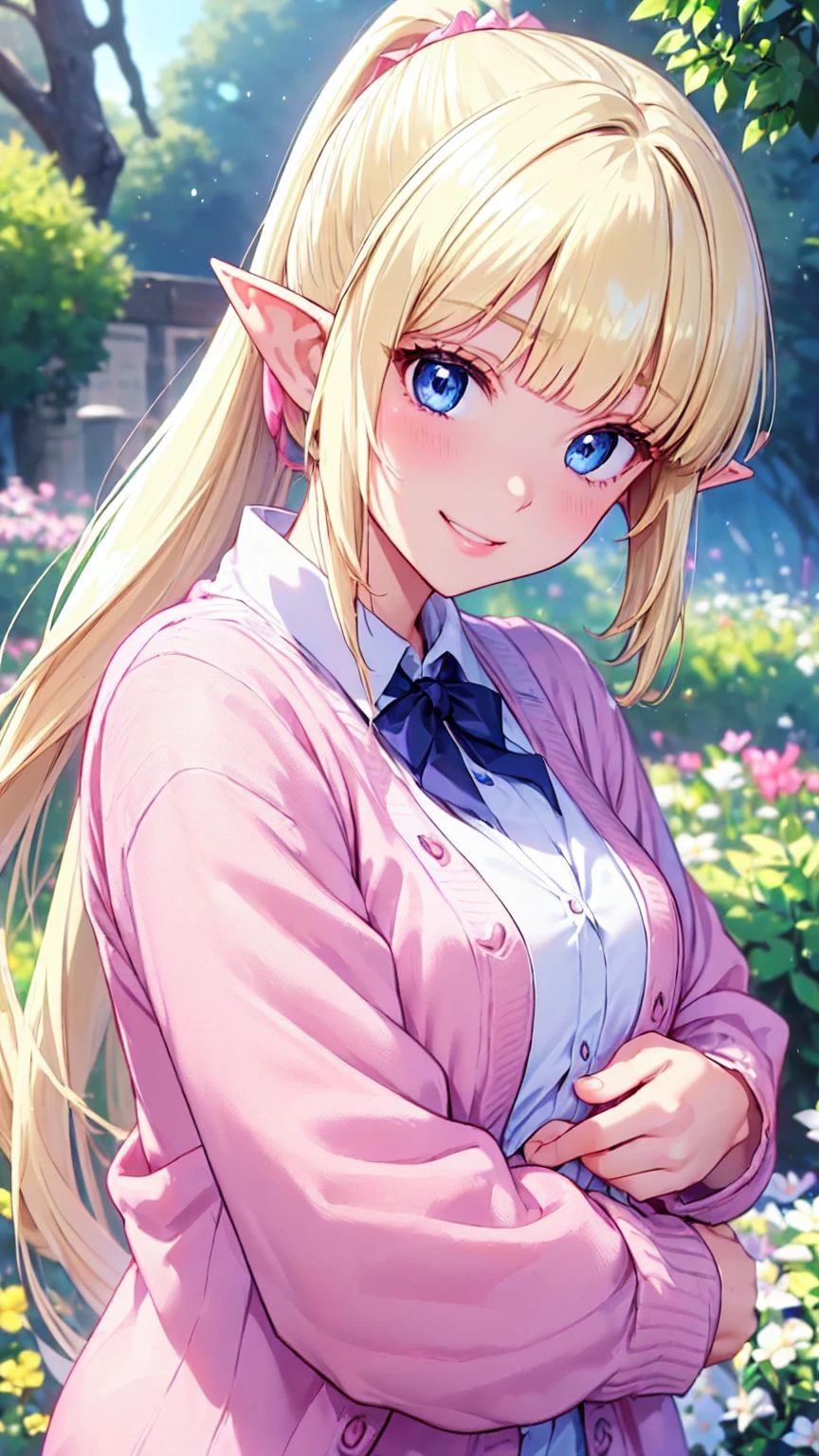Very close、((Focus on the upper body))、16k、masterpiece、High resolution、High resolution、((Young Elven Woman))、((Beautiful white skin))、((Beautiful blonde))、ponytail、((Beautiful Blue Eyes))、((Pointy Ears))、Smiling Kindly、Grin、blush、Pink Lip Gloss、Shiny skin、((Pink cardigan))、Courting Gaze、Hug me、garden