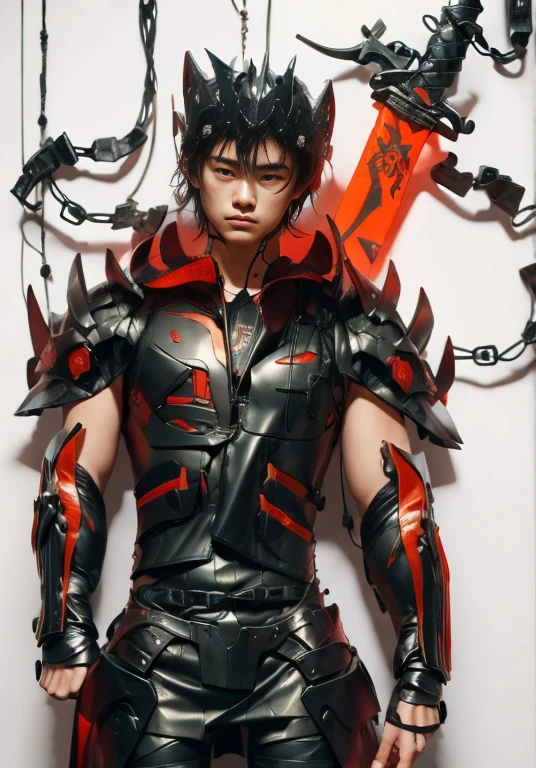 (ultra realistic,32k, masterpiece:1.2),(high detailed skin:1.1),( high quality:1.1),
1boy,(caucasian european), black hair, with cyberpunk samurai armor, cute, 18 years old, european caucasian), beautiful decourations, 8k, uhd, masterpiece, katana in the back, kanjis, (metal black armor with red and orange decourations), (light effects decourations)