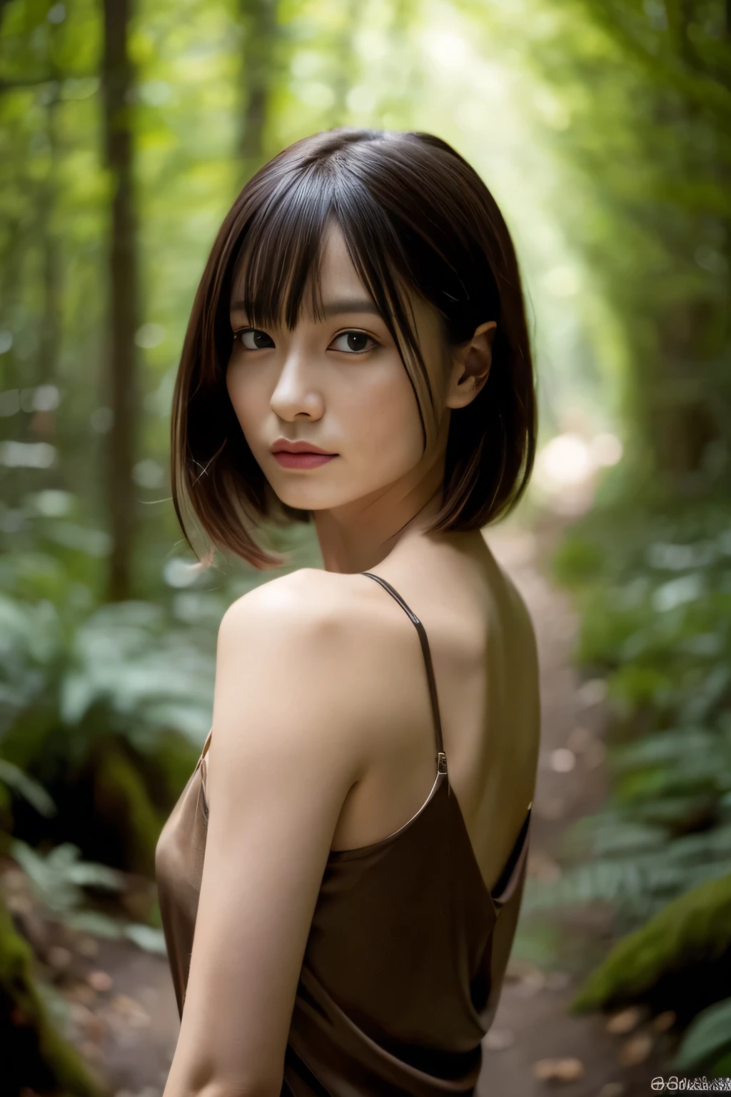 (masterpiece,High resolution,high quality,16k),(Beautiful and realistic Japan people、Beautiful girl in a brown dress standing in a dark forest), Magnificent style, Octane Rendering, Spooky Forest, Beautiful Face, Surreal, Son of God:1.3, Glamorous Body、realism, masterpiece, Art at its finest., Clear Eyes,Short Bob、Perfect Anatomy、Beautiful body、Beautiful Skin、