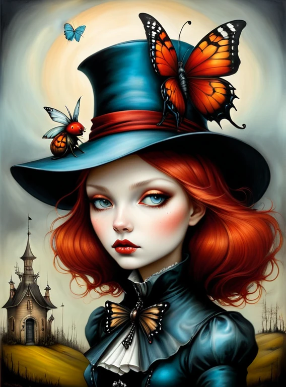 Gothic style in the style of esao andrews,esao andrews style,esao andrews art,esao andrewsa girl with red hair and a wolf in a hat, esao andrews ornate, style of esao andrews, inspired by Esao Andrews, esao andrews, andrews esao artstyle, benjamin lacombe,  earley, inspired by ESAO, by Esao Andrews, portrait of alice in wonderland, fantasy victorian art, pop surrealism art style, 1girl, hat, bug, butterfly in the style of esao andrews, esao andrews . Dark, mysterious, haunting, dramatic, ornate, detailed
