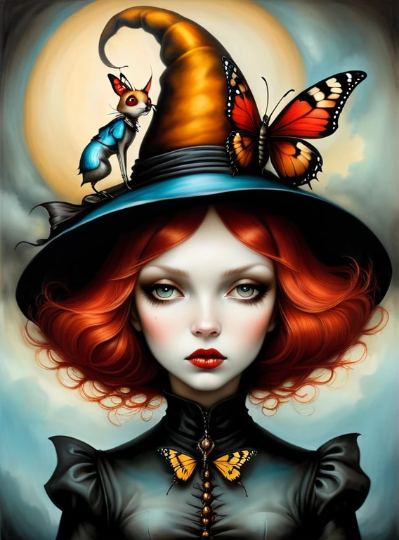 Gothic style in the style of esao andrews,esao andrews style,esao andrews art,esao andrewsa girl with red hair and a wolf in a hat, esao andrews ornate, style of esao andrews, inspired by Esao Andrews, esao andrews, andrews esao artstyle, benjamin lacombe, earley, inspired by ESAO, by Esao Andrews, portrait of alice in wonderland, fantasy victorian art, pop surrealism art style, 1girl, hat, bug, butterfly in the style of esao andrews, esao andrews . Dark, mysterious, haunting, dramatic, ornate, detailed
