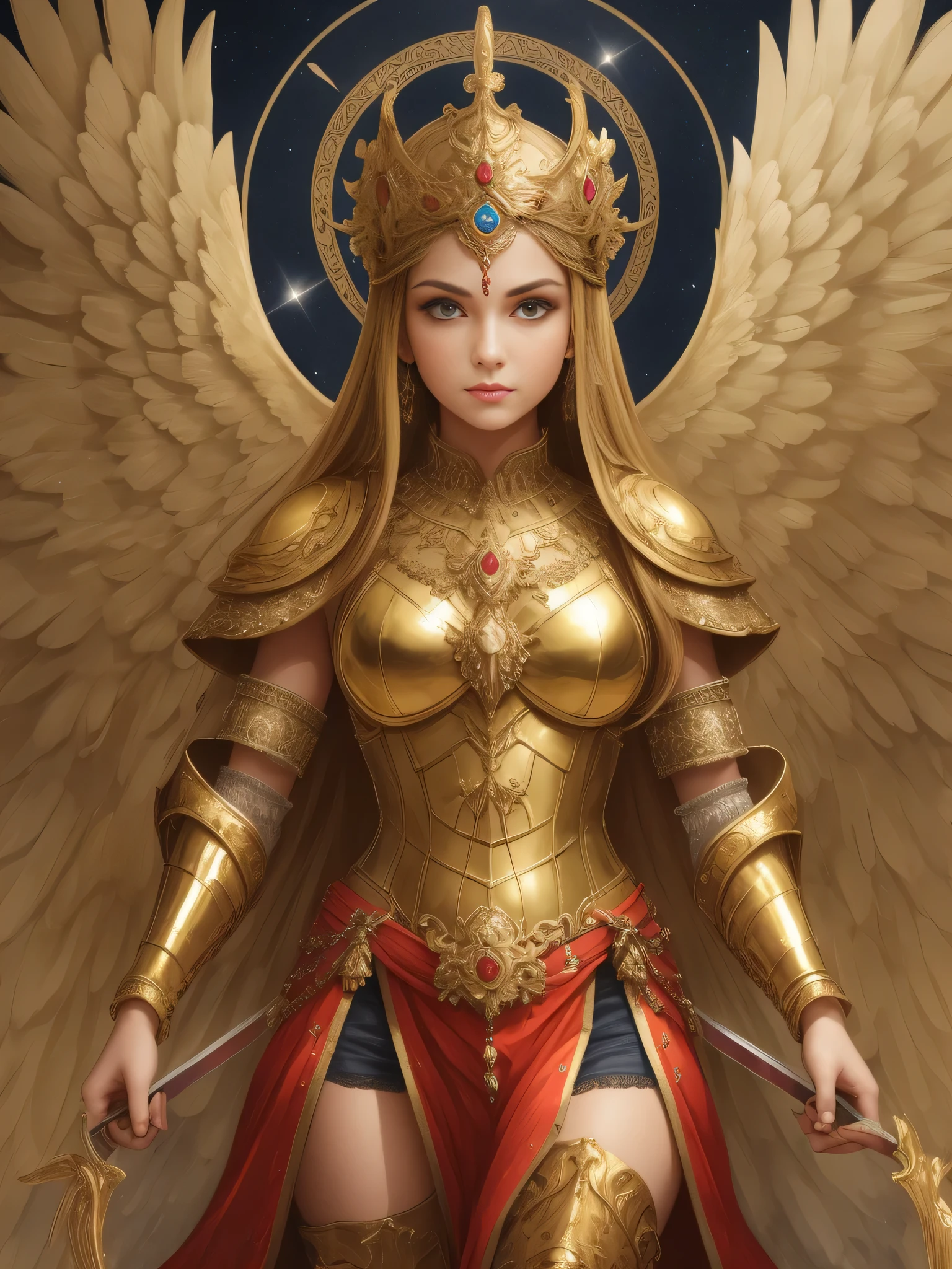 Danielle van de Donk&#39;s Golden Sacred Angel Is Stunning, with six wings hovering in the sky, vestido com armadura de ouro, segurando uma espada sagrada, wearing a halo on his head, and your face is solemn, exalando majestade e solenidade, which is inspiring.