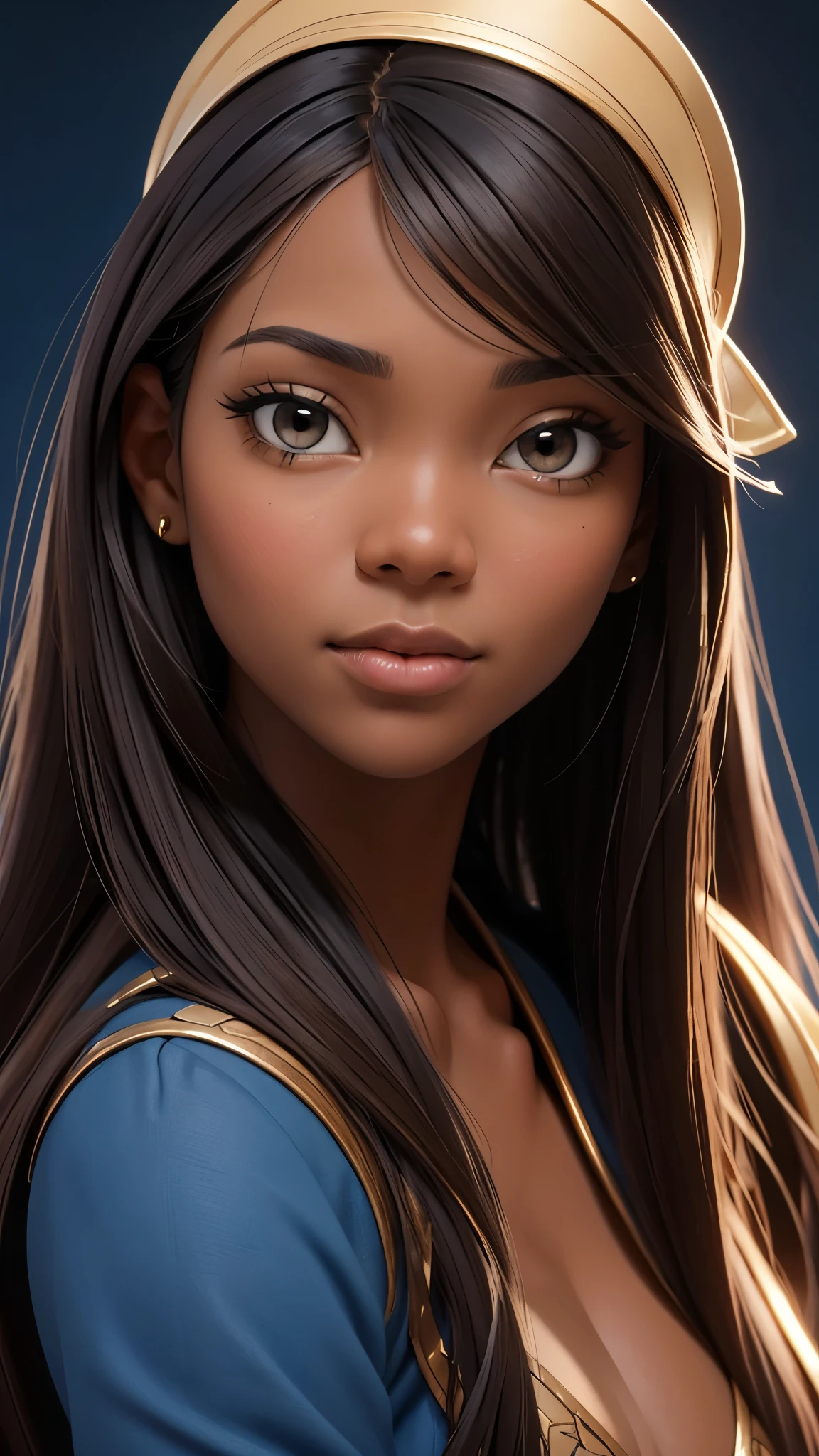 oil painting by Leonardo da Vinci, realistic portrait, closeup face of Gabrielle Union with dark skin, ebony nose, long hair, her eyes are sweet and vibrant, her face symmetrical, rich coffee brown skin, soft torch luminosity on the face by REMBRADT, Adobe Illustration, Trending on Artstation, 8K, hd, cinematic, masterpiece, magnificent art, best quality, romanticism Renaissance period, oil on canvas, rich blue background