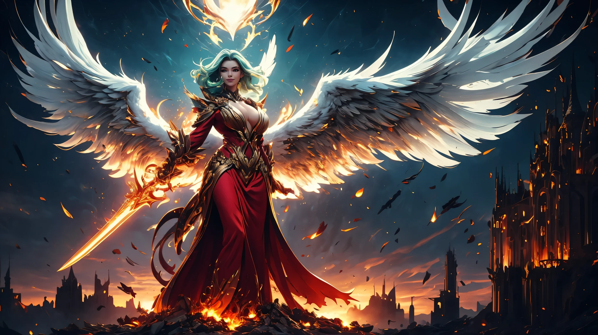 A woman in a red dress with wings and a sword Tia is shown to have a fairly slender figure. She has white-grey hair , she has short hair and large pale green eyes, A stunning photo shows a girl standing proudly on top of an old abandoned castle, with a phoenix flying behind her with sparkling fiery wings. The girl appears to exude strength and confidence. She is wearing a long red silk dress, and her hair sways in the air with every strong gust of wind. Her eyes were adorned with a firm and kind look, shining with a constant smile on her face. As for the phoenix that erupts behind her with its flaming wings, it looks like a mythical creature that combines beauty and strength, and when the sunlight mixes with its shining wings, an amazing light radiates, adding an additional magic to the picture., cleavage exposed, big breasts, superior quality, many details, Puri focus Sharp and realistic