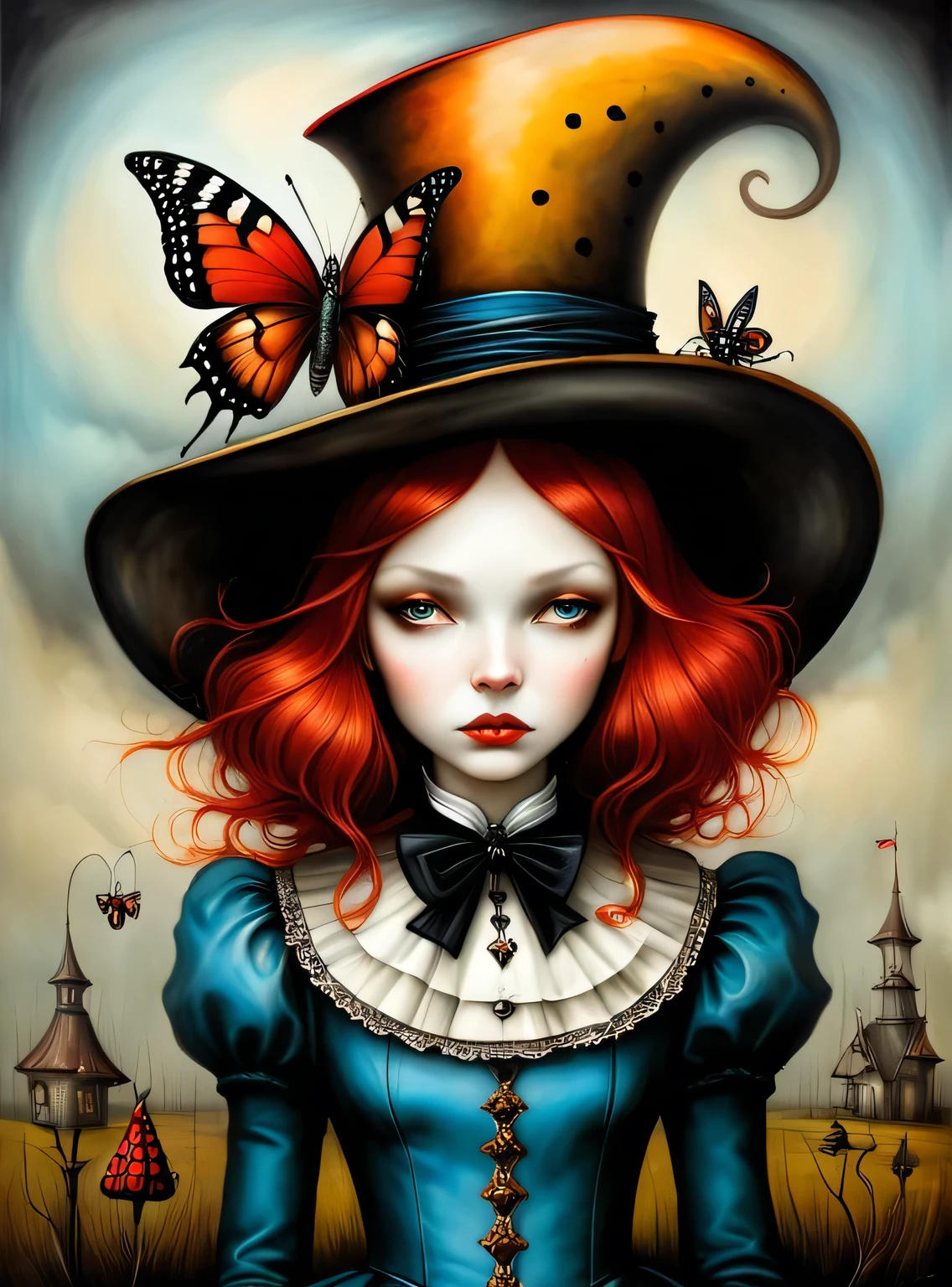 Gothic style in the style of esao andrews,esao andrews style,esao andrews art,esao andrewsa girl with red hair and a wolf in a hat, esao andrews ornate, style of esao andrews, inspired by Esao Andrews, esao andrews, andrews esao artstyle, benjamin lacombe,  earley, inspired by ESAO, by Esao Andrews, portrait of alice in wonderland, fantasy victorian art, pop surrealism art style, 1girl, hat, bug, butterfly in the style of esao andrews, esao andrews . Dark, mysterious, haunting, dramatic, ornate, detailed
