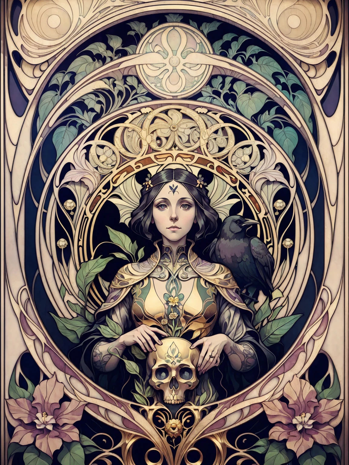 ((Art Nouveau Style)); gold flower, ravens, plant, skull, black flower; symmetrical with thick lines, Fibonacci, golden ratio, 3D metal structure tessellation, neural graphic, neurons, color, love, passion, incredibly detailed, 8k, masterpiece, artstation, surreal
