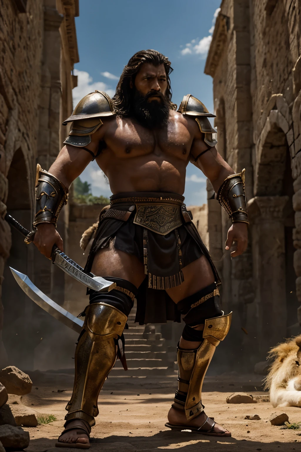 The figure of a strong, huge warrior man with a black beard, wearing armor and carrying a sword, attacking a huge lion in a battle between Muslims and Roman fighters. The fighters look at the scene in amazement.