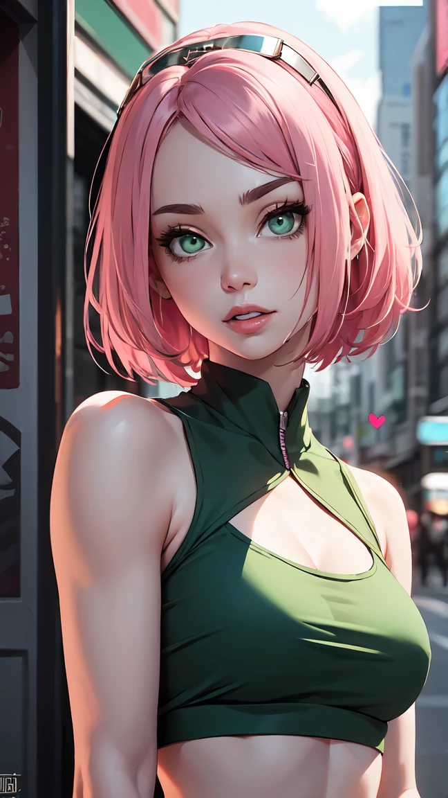 young woman, short shoulder-length pink hair, wide forehead, porcelain skin, pink eyebrows, big emerald green eyes, buttoned nose, full lips, heart-shaped face, slender body, small breasts, red tank top, Sakura Haruno , realistic, realism, details, 3d, well detailed