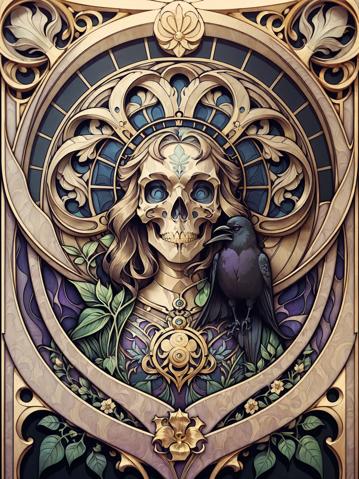 ((Art Nouveau Style)); skull; gold flower, ravens, plant, black flower; symmetrical with thick lines, Fibonacci, golden ratio, 3D metal structure tessellation, neural graphic, neurons, color, love, passion, incredibly detailed, 8k, masterpiece, artstation, surreal
