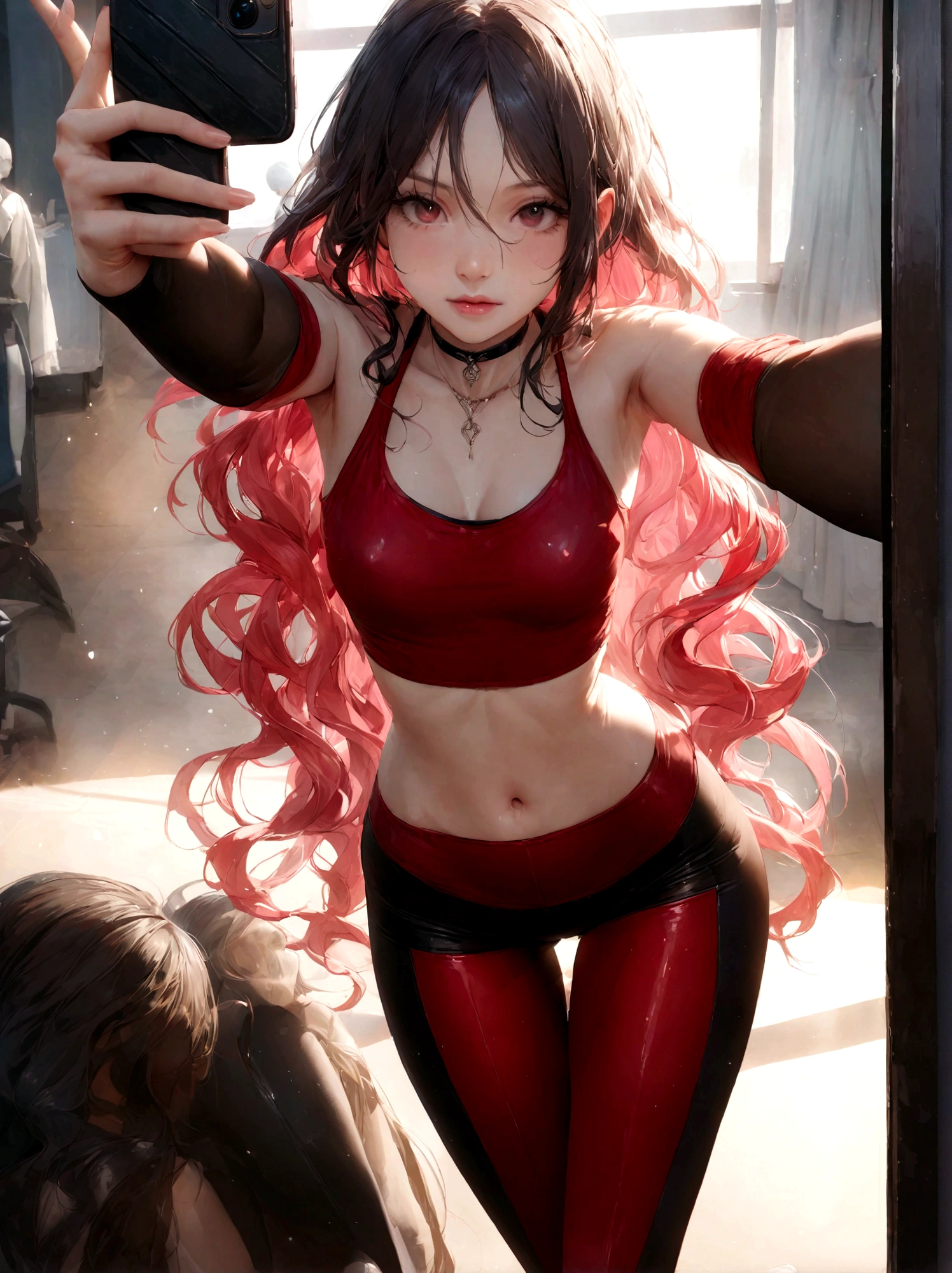  (mannequin brune au corps parfait), (Wavy shoulder-length hair), Resistant (leggings et soutien-gorge de sport), (selfie)
photo, ,jupe longue rouge, slightly transparent, with delicately reflected hundreds.  dans un restaurant chic qui t&#39;attend, couleurs claires excitées, detailed female body cut, du visage et des pores de la peau, highly detailed expressive, space above the head, profondeur de champ, skin details, sunlight, ultra realistic, cinematic