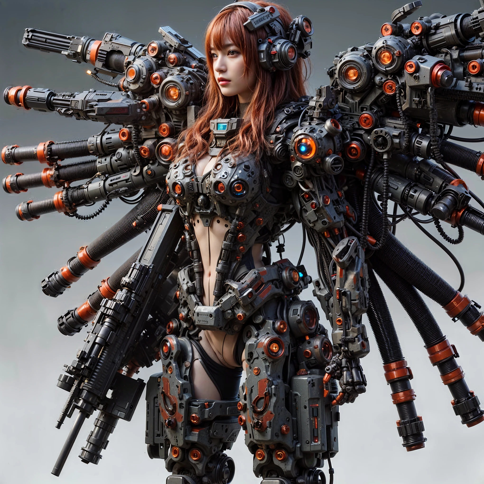 ultra high res,8k,(Photorealsitic:1.4), (beast-like animal wear:1.2), designed by Hajime Katoki,heavy weapons,vivid textures,animal legs, (orange hair), japanese female soldier,(ultra beautiful face),((super realistic all textures)), ((super intricate all details)), full body shot, ultra sharp photo result, Acrylic Clear Cover, Hydraulic cylinder, style, taken with Fuji film X-T30+Nokton. HDR10,Minimum of 4 pieces created