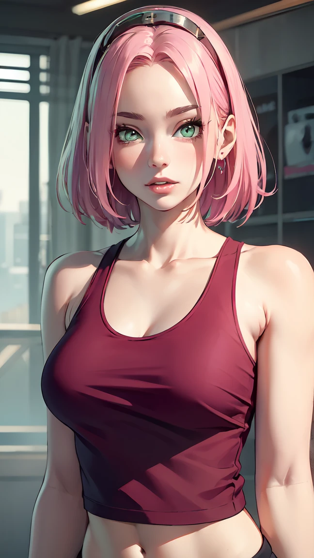 young woman, short shoulder-length pink hair, wide forehead, porcelain skin, pink eyebrows, big emerald green eyes, buttoned nose, full lips, heart-shaped face, slender body, small breasts, red tank top, Sakura Haruno , realistic, realism, details, 3d, well detailed