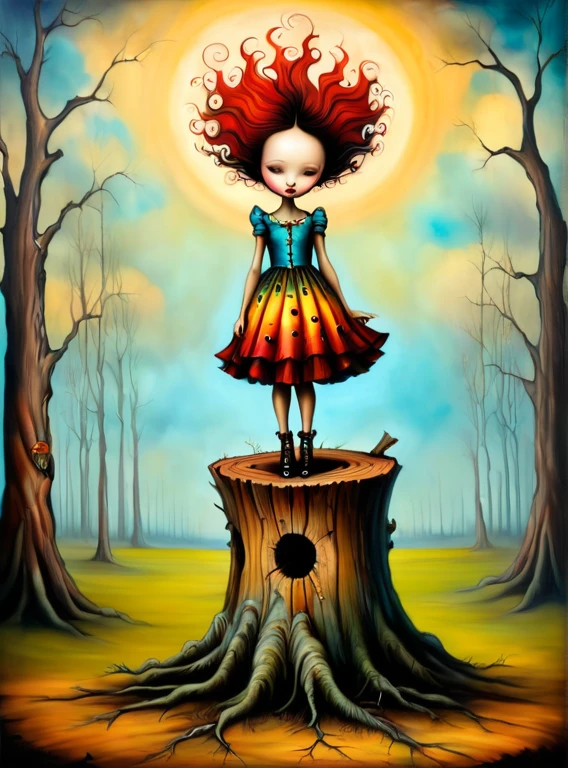 Psychedelic style in the style of esao andrews,esao andrews style,esao andrews art,esao andrewsa girl is standing in a tree stump, inspired by Esao Andrews, esao andrews, by Esao Andrews, inspired by ESAO, style of esao andrews, surreal oil painting, esao andrews ornate, by ESAO, southern gothic art, andrews esao artstyle, jana brike art, magic realism painting, magical realism painting . Vibrant colors, swirling patterns, abstract forms, surreal, trippy