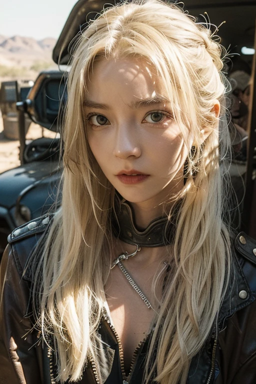 girl, Leather Fashion, Bondage, Blonde, Platinum Blonde, 
Mad Max風の衣装コスプレ, skinny, slender,
 Exposed leather, 黒茶色のBondageレザー, 
Dry Moorland, sunshine, Outdoor, オーストラリアのdesert, desert, 
Dirty and worn-out modified car, Mad Max, 
ボロボロのBondage, Dirty Leather, 破れたBondage, 
