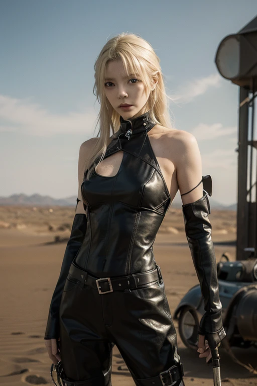 girl, Leather Fashion, Bondage, Blonde, Platinum Blonde, 
Mad Max風の衣装コスプレ, skinny, slender,
 Exposed leather, 黒茶色のBondageレザー, 
Dry Moorland, sunshine, Outdoor, オーストラリアのdesert, desert, 
Dirty and worn-out modified car, Mad Max, 
ボロボロのBondage, Dirty Leather, 破れたBondage, 
