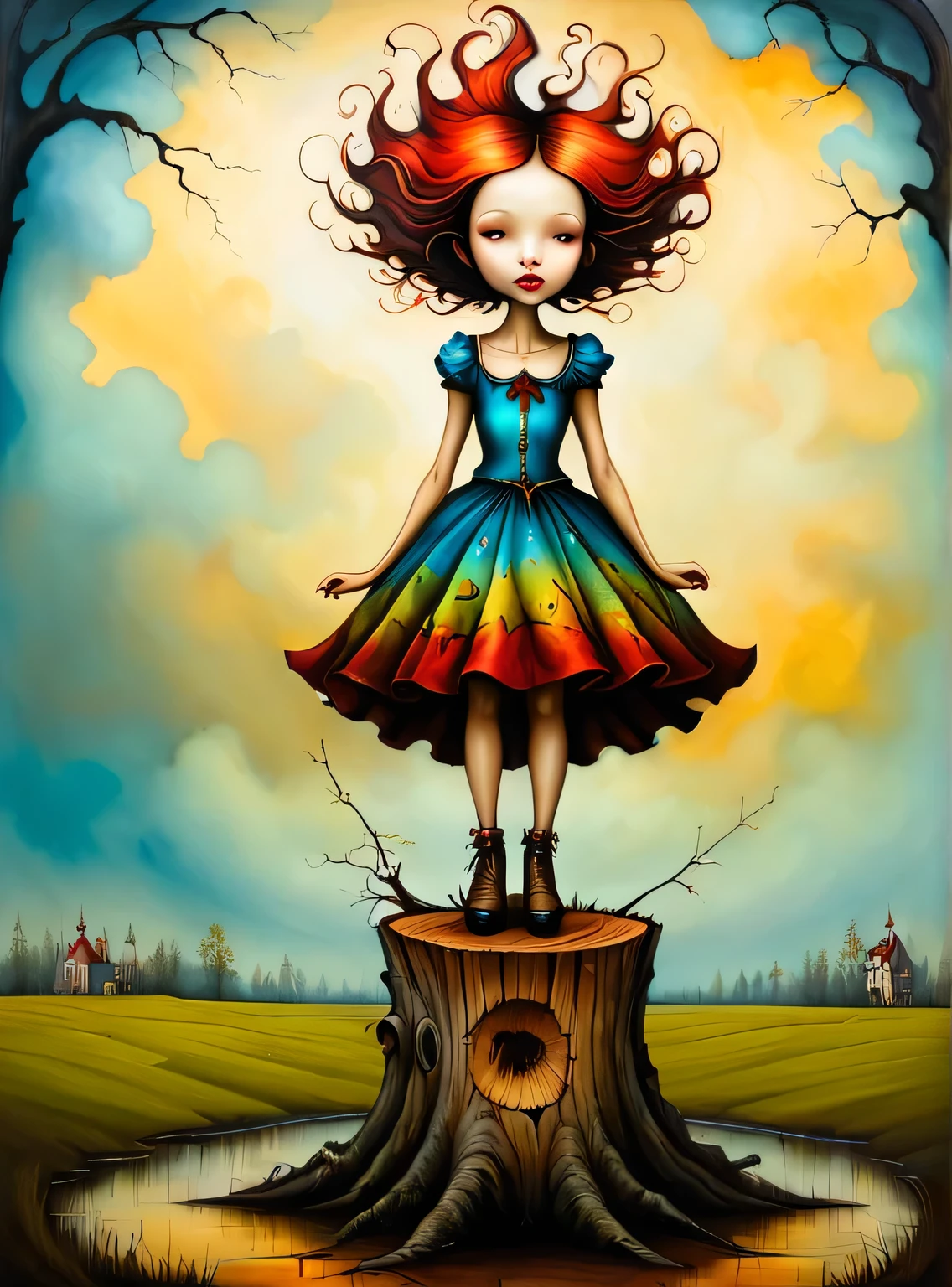 Psychedelic style in the style of esao andrews,esao andrews style,esao andrews art,esao andrewsa girl is standing in a tree stump, inspired by Esao Andrews, esao andrews, by Esao Andrews, inspired by ESAO, style of esao andrews, surreal oil painting, esao andrews ornate, by ESAO, southern gothic art, andrews esao artstyle, jana brike art, magic realism painting, magical realism painting . Vibrant colors, swirling patterns, abstract forms, surreal, trippy