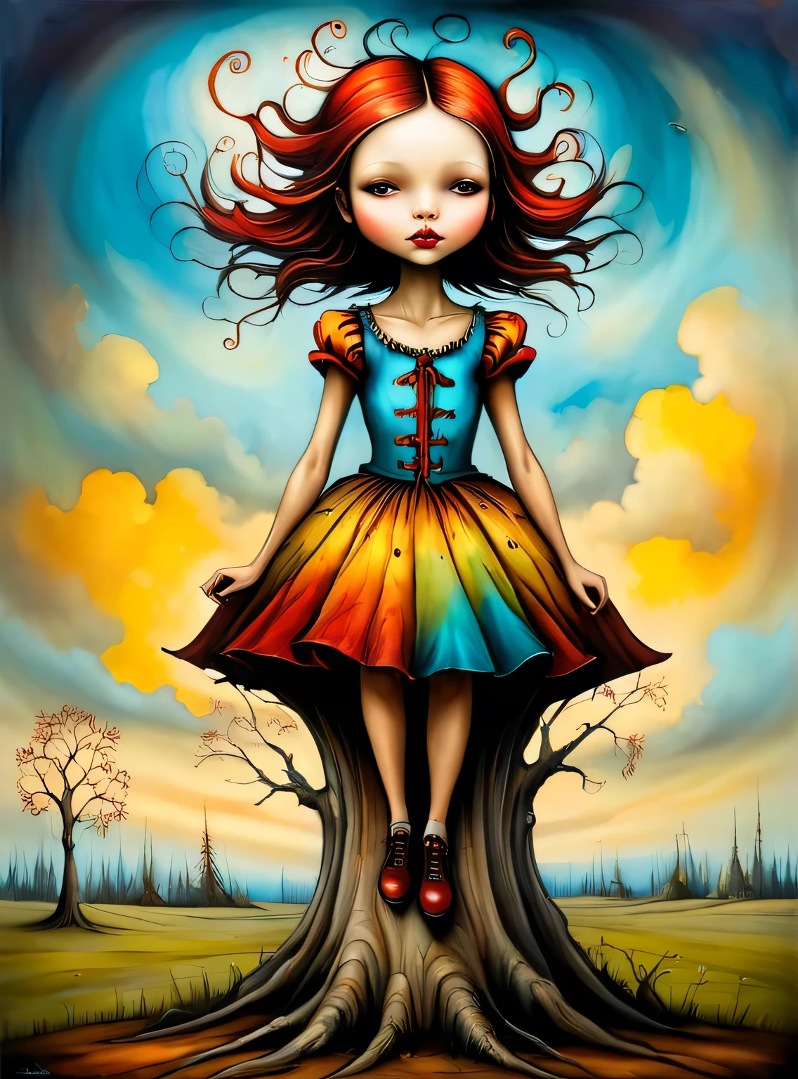 Psychedelic style in the style of esao andrews,esao andrews style,esao andrews art,esao andrewsa girl is standing in a tree stump, inspired by Esao Andrews, esao andrews, by Esao Andrews, inspired by ESAO, style of esao andrews, surreal oil painting, esao andrews ornate, by ESAO, southern gothic art, andrews esao artstyle, jana brike art, magic realism painting, magical realism painting . Vibrant colors, swirling patterns, abstract forms, surreal, trippy