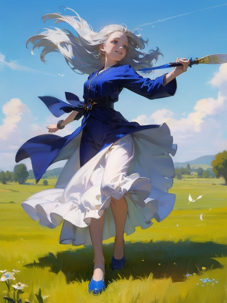 masterpiece, 1 woman, Zephyr, 30 year old woman, adult, mature look, mature adult face, smiling and dancing, she has a deep love for the sky and is rarely seen without a smile, full body illustration, long, flowing silver hair that seems to move with the slightest breeze, and sky-blue eyes that sparkle with mischief, high detail, fantasy medieval style clothes (light flowing robes in shades of blue and white designed for maximum freedom of movement, flat medieval style blue shoes designed for mobility), attire is modest but feminine, (((she's holding a lightweight razor-sharp fan)), she is graceful and fluid, (((wind is swirling around her dynamically))), intricate details, ultra high resolution, sharp focus, HD, 8k, clear facial features, clear details, zoomed out view, (((the background is an open field)))