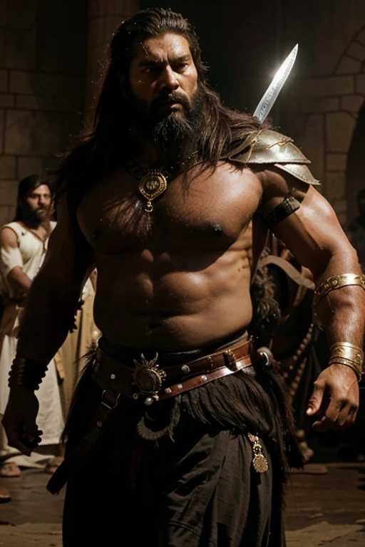 A huge warrior man with a black beard, wearing the clothes of Muslim warriors, carrying a sword and a lion attacking him in a scene seen by thousands of warriors.