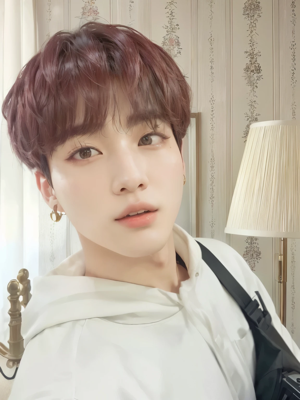there is a woman with a camera and a lamp in a room, jungkook, 8k!!, jimin, !8k!, 8k!, 4k!, park jimin, inspired by Kun Can, black haired yoongi, [ digital art ]!!, inspired by Yanjun Cheng, color portrait, jimin\'s right eyelid swollen, headshot profile picture, yanjun chengt