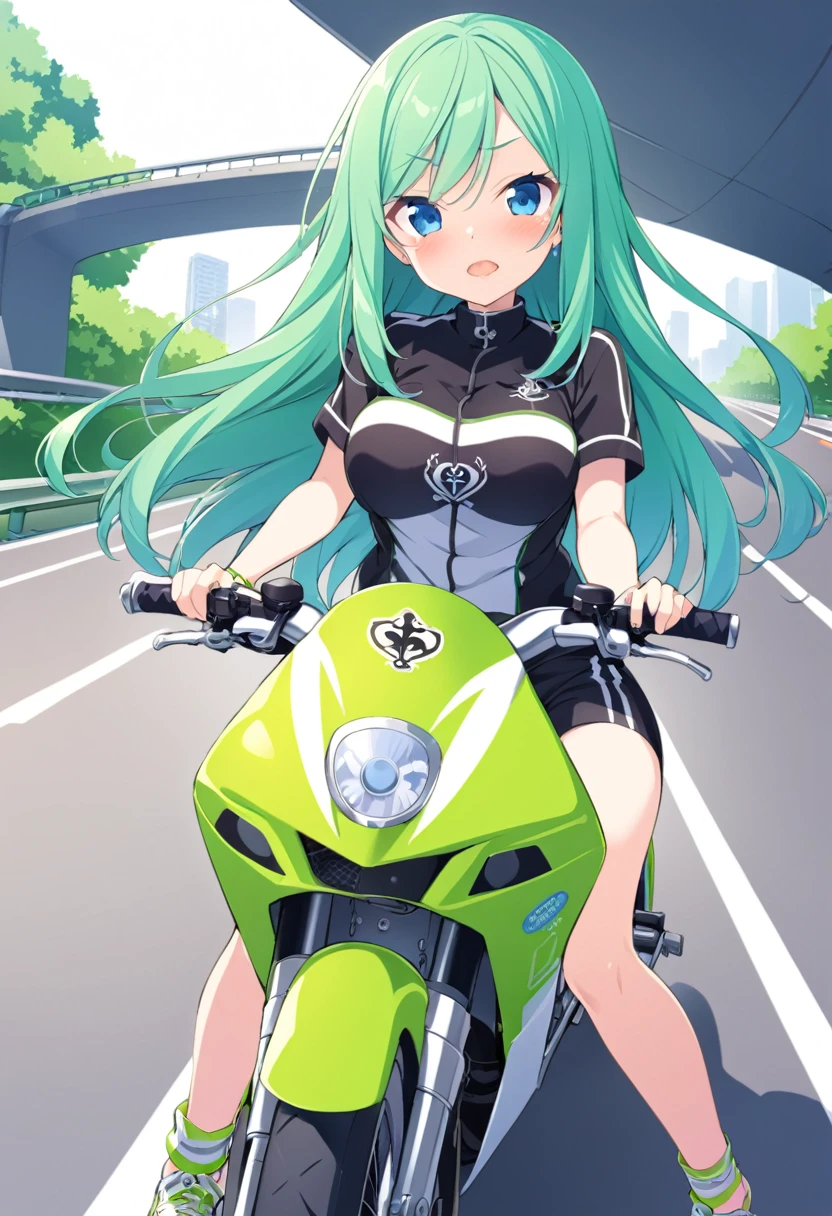 tsukishiroyoko, Green hair, long hair, Blue eyes.,, large breasts,  solo ,16years old, , nsfw. Riding a bike, Expressway