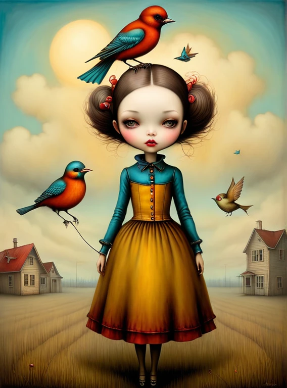 GTA-style artwork in the style of esao andrews,esao andrews style,esao andrews art,esao andrewsa girl with a bird in her hand, anton semenov, benjamin lacombe, mark ryden style, pop surrealism, lowbrow pop surrealism, style of mark ryden, dark surreal art, inspired by Mark Ryden, emotional surrealist art, mark ryden highly detailed, creepy surrealism, slicing the air pop surrealism, 1girl in the style of esao andrews, esao andrews . Satirical, exaggerated, pop art style, vibrant colors, iconic characters, action-packed