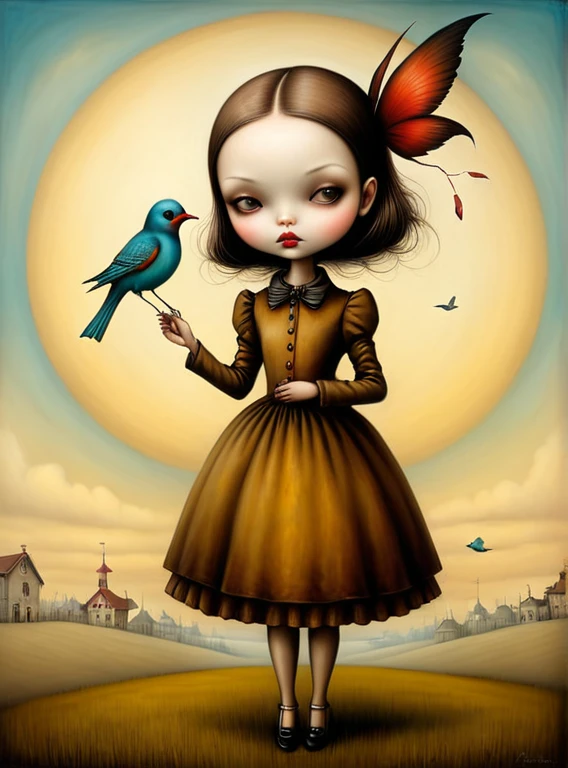GTA-style artwork in the style of esao andrews,esao andrews style,esao andrews art,esao andrewsa girl with a bird in her hand, anton semenov, benjamin lacombe, mark ryden style, pop surrealism, lowbrow pop surrealism, style of mark ryden, dark surreal art, inspired by Mark Ryden, emotional surrealist art, mark ryden highly detailed, creepy surrealism, slicing the air pop surrealism, 1girl in the style of esao andrews, esao andrews . Satirical, exaggerated, pop art style, vibrant colors, iconic characters, action-packed
