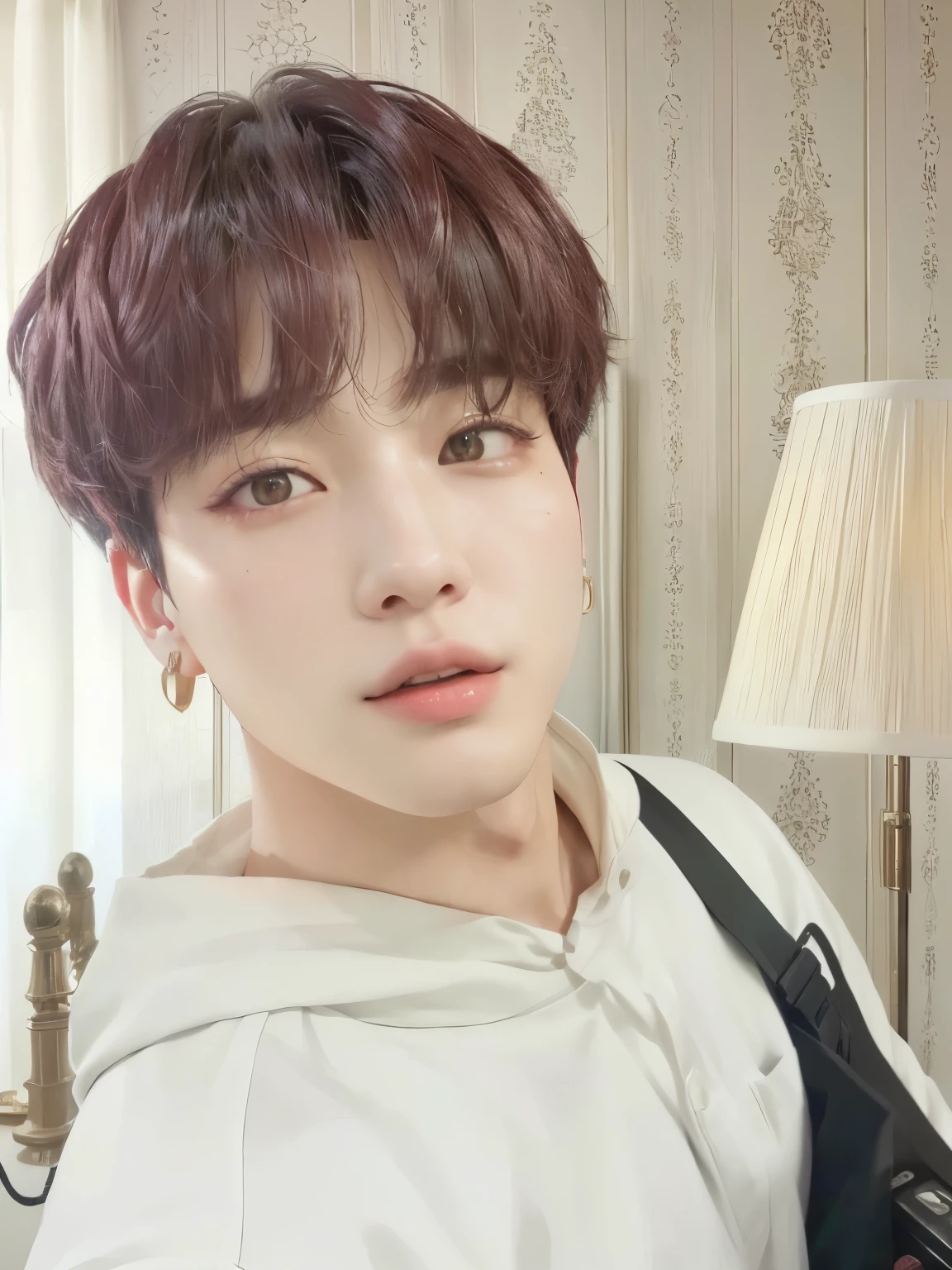 there is a woman with a camera and a lamp in a room, jungkook, 8k!!, jimin, !8k!, 8k!, 4k!, park jimin, inspired by Kun Can, black haired yoongi, [ digital art ]!!, inspired by Yanjun Cheng, color portrait, jimin\'s right eyelid swollen, headshot profile picture, yanjun chengt