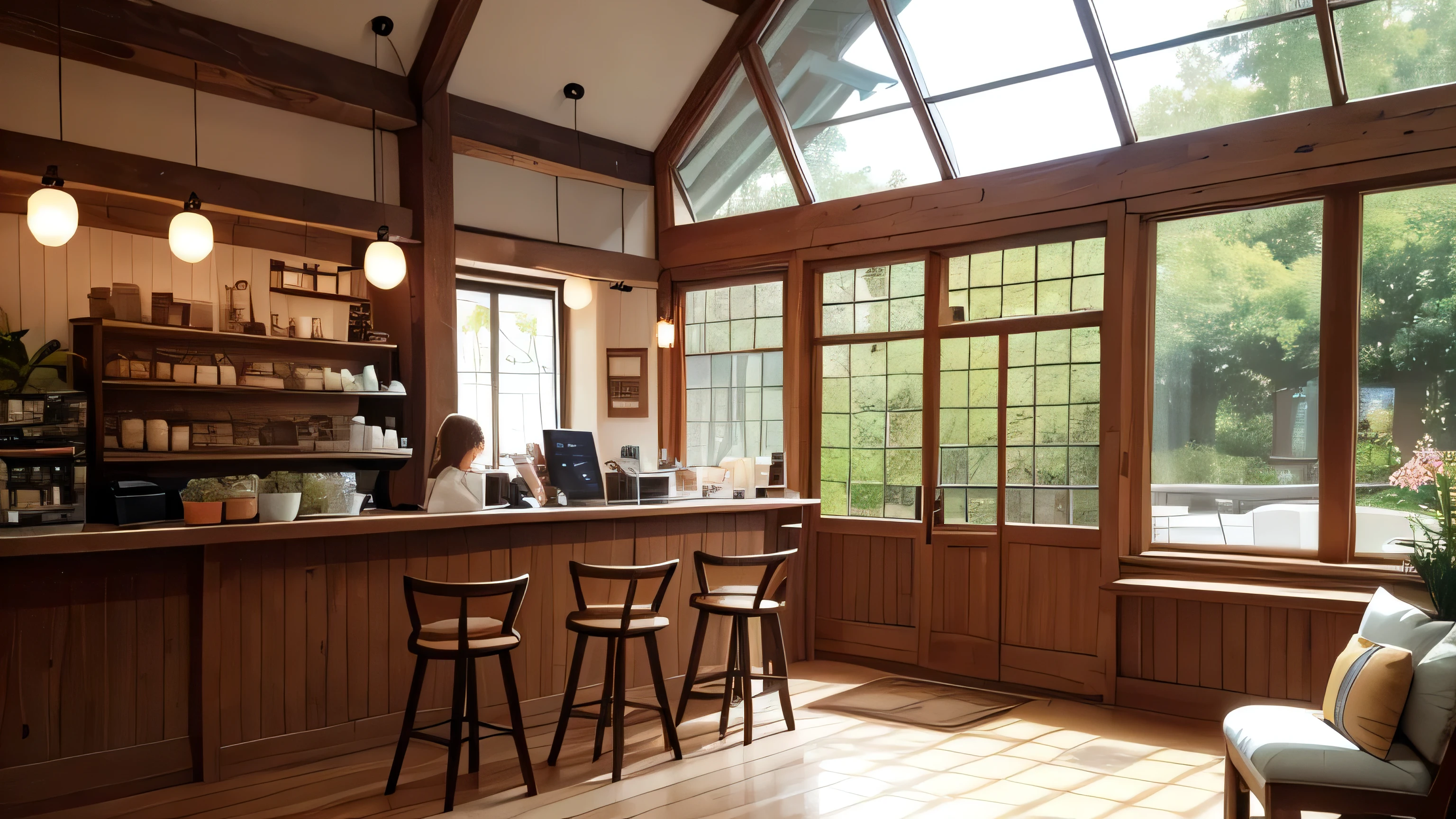 A soft, gentle illustration of a cozy cafe scene. The interior features wooden tables and chairs, with a few potted plants adding a touch of greenery. Large windows allow natural light to stream in, casting a warm glow on the rustic decor. A barista is seen quietly making coffee behind the counter, and the ambiance is peaceful and relaxing. The overall touch is soft and inviting, evoking a sense of calm and tranquility.