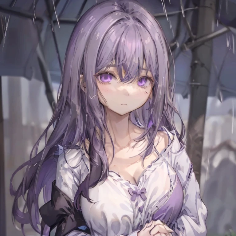 1 girl、Mature、Ample breasts、Purple Hair、Long Hair、Sharp Eyes、Looking up、Shoulder Bare、Black Noise、error、rain、Sad expression、Place your hands on your chest、Upper Body、Bust-up perspective、High resolution、highest quality