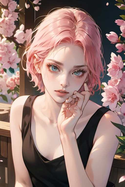 young woman, short shoulder-length pink hair, wide forehead, porcelain skin, pink eyebrows, big emerald green eyes, buttoned nose, full lips, heart-shaped face, slender body, small breasts, red tank top, Sakura Haruno , realistic, realism, details, 3d, well detailed
