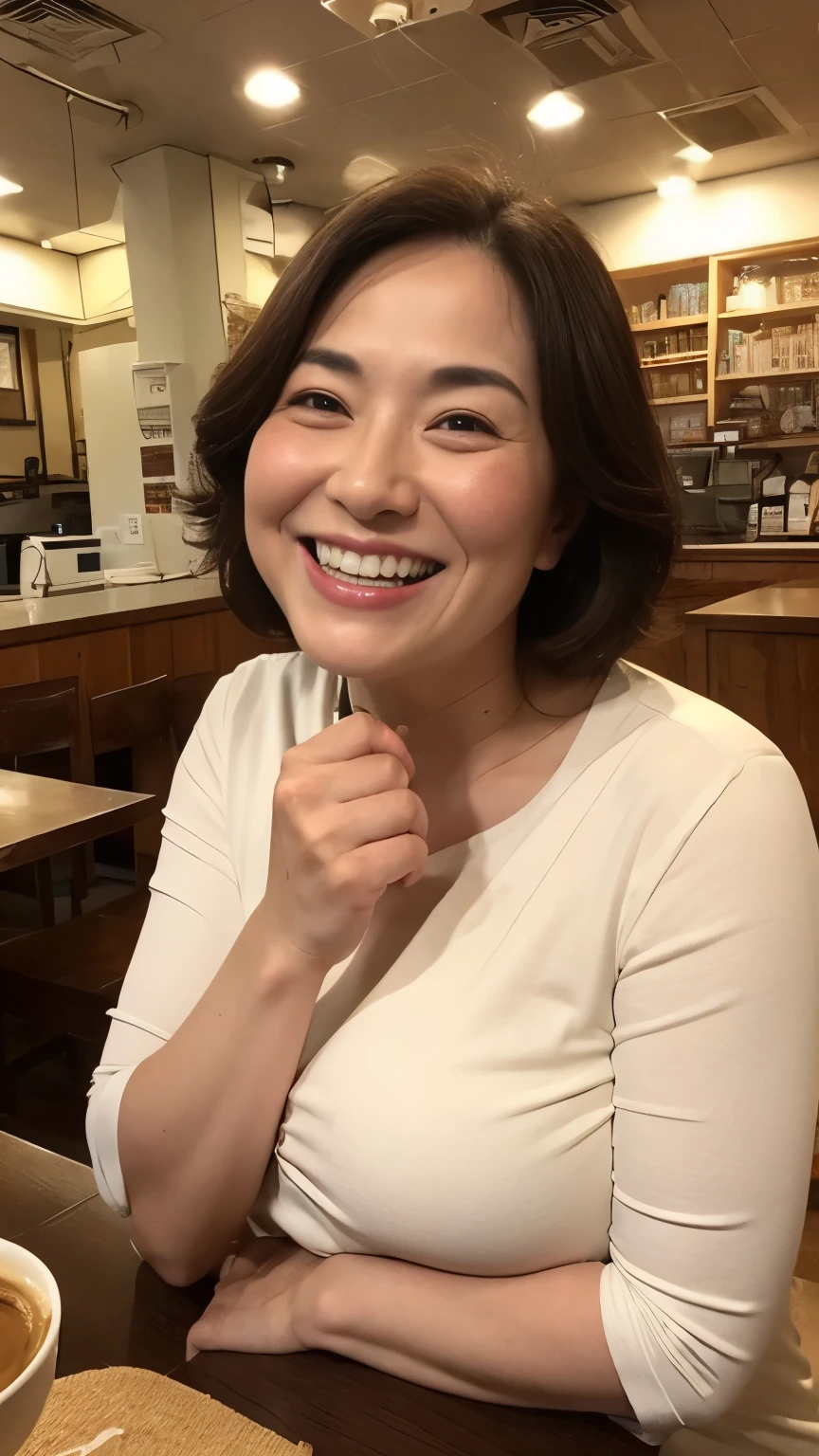 Girl, Fit the top of your head to the screen, Focused, Sitting in a coffee shop, gravure, Toothy smile, highest quality, Very detailed, Realistic, Ultra-dense skin, Anatomically correct, , , 110 years old, Big Breasts, , , , Pure white skin, Looking at the audience,