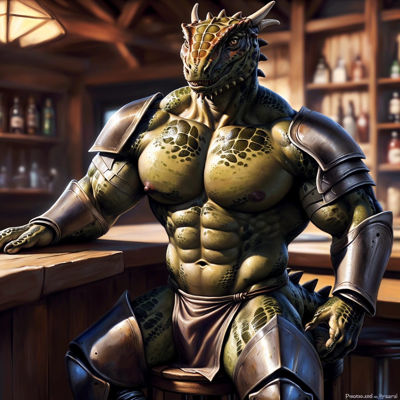 (((((Argonian)))) (elder_scroll), ((loincloth)), ((((armor)))), (((exposing chest))), hatless, (((showing pecs))), (((((open chest))))), manly, virile, male, solo, adult, nipple focus, nipples, detailed muscles, (big bodybuilder body), (big muscular male), (detailed muscular oblique), (muscular v-cut), (wide muscular shoulder), (detailed muscular butt), (detailed muscular thighs), (detailed muscular abs), ((((huge muscular pecs)))), (big muscular biceps), detailed face, beautiful eyes, closed mouth, (happy face), sitting in stool, bar counter behind, tavern background, looking at viewer, by bruteandbrawn, by personalami, by kenket, (intricate, high detail, film photography, soft focus, RAW candid cinema, photorealism, realistic, photorealistic, analog style, subsurface scattering, masterpiece, best quality, ultra realistic, 8k)