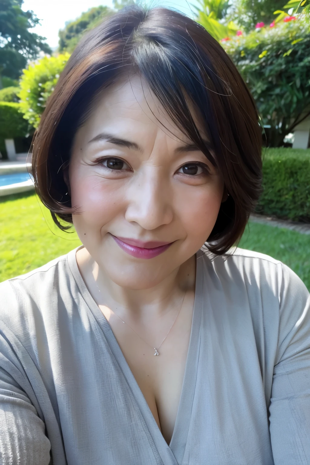 最high quality, In 8K, Masseter muscle area, Lifelike, Sharp focus, high quality, High resolution, Detailed face, Detailed eyes, Thick lips, (Look at the viewers), solo, Middle-aged women, , 60 years old, , Wavy Hair, Cleavage, Wearing a plain short-sleeved knit, Afternoon in front of the park garden, Wrinkles around the eyes, Toothy smile