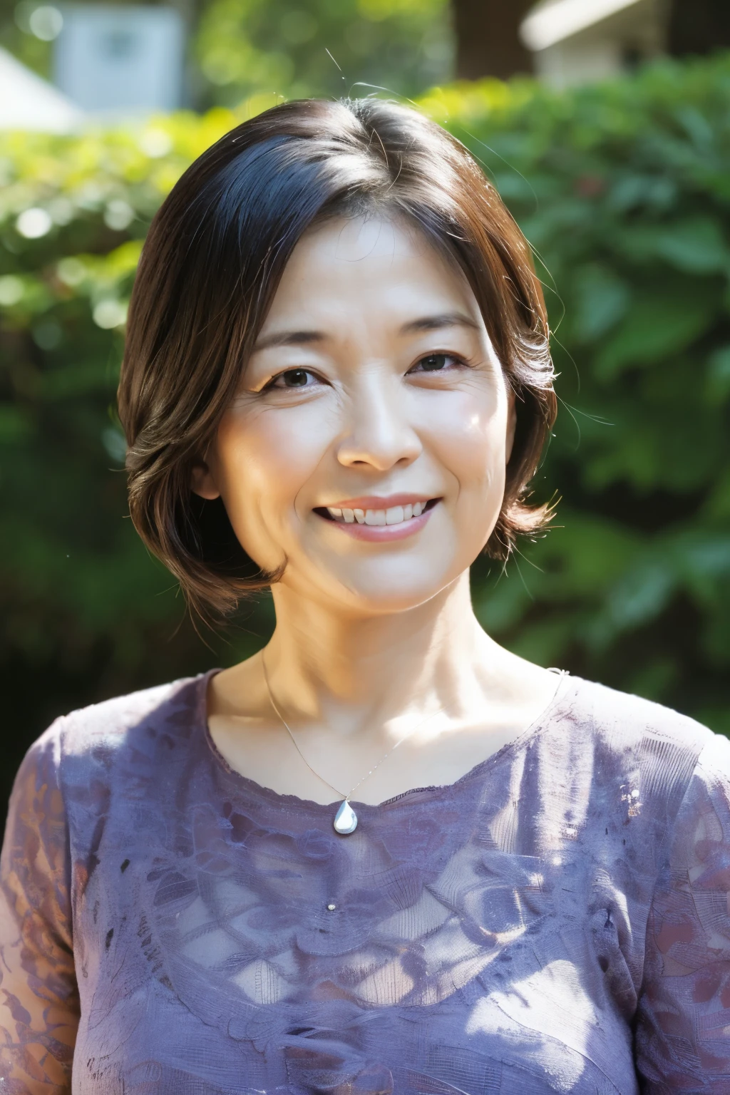 最high quality, In 8K, Masseter muscle area, Lifelike, Sharp focus, high quality, High resolution, Detailed face, Detailed eyes, Thick lips, (Look at the viewers), solo, Middle-aged women, , 60 years old, , Wavy Hair, Cleavage, Wearing a plain short-sleeved knit, Afternoon in front of the park garden, Wrinkles around the eyes, Toothy smile