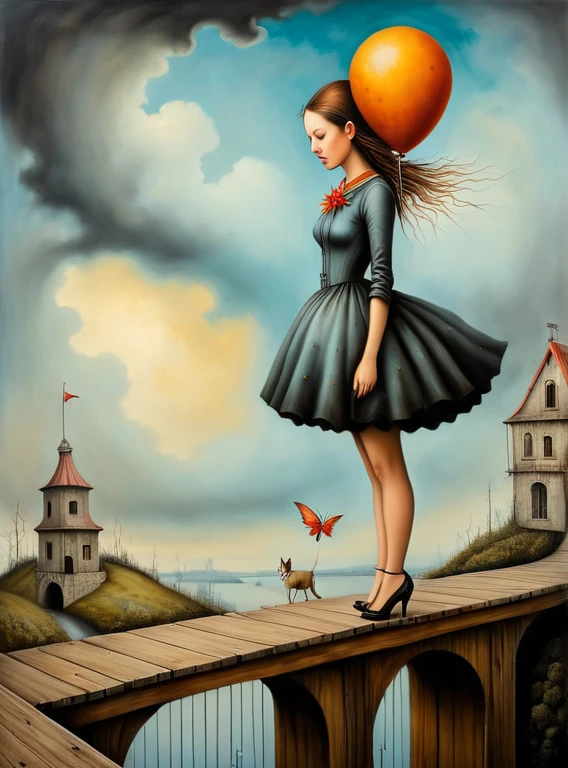 Hyperrealistic art in the style of esao andrews,esao andrews style,esao andrews art,esao andrewsa painting of a girl standing on a bridge, surrealist painting, a surrealist painting, surreal oil on canvas, surrealist oil painting, surrealism oil on canvas, surrealist landscape, surrealist landscape painting, surreal oil painting, magically shaped surrealism, style of surrealism, surreal painting, surrealist artwork, surrealism painting, inspired by Remedios Varo . Extremely high-resolution details, photographic, realism pushed to extreme, fine texture, incredibly lifelike