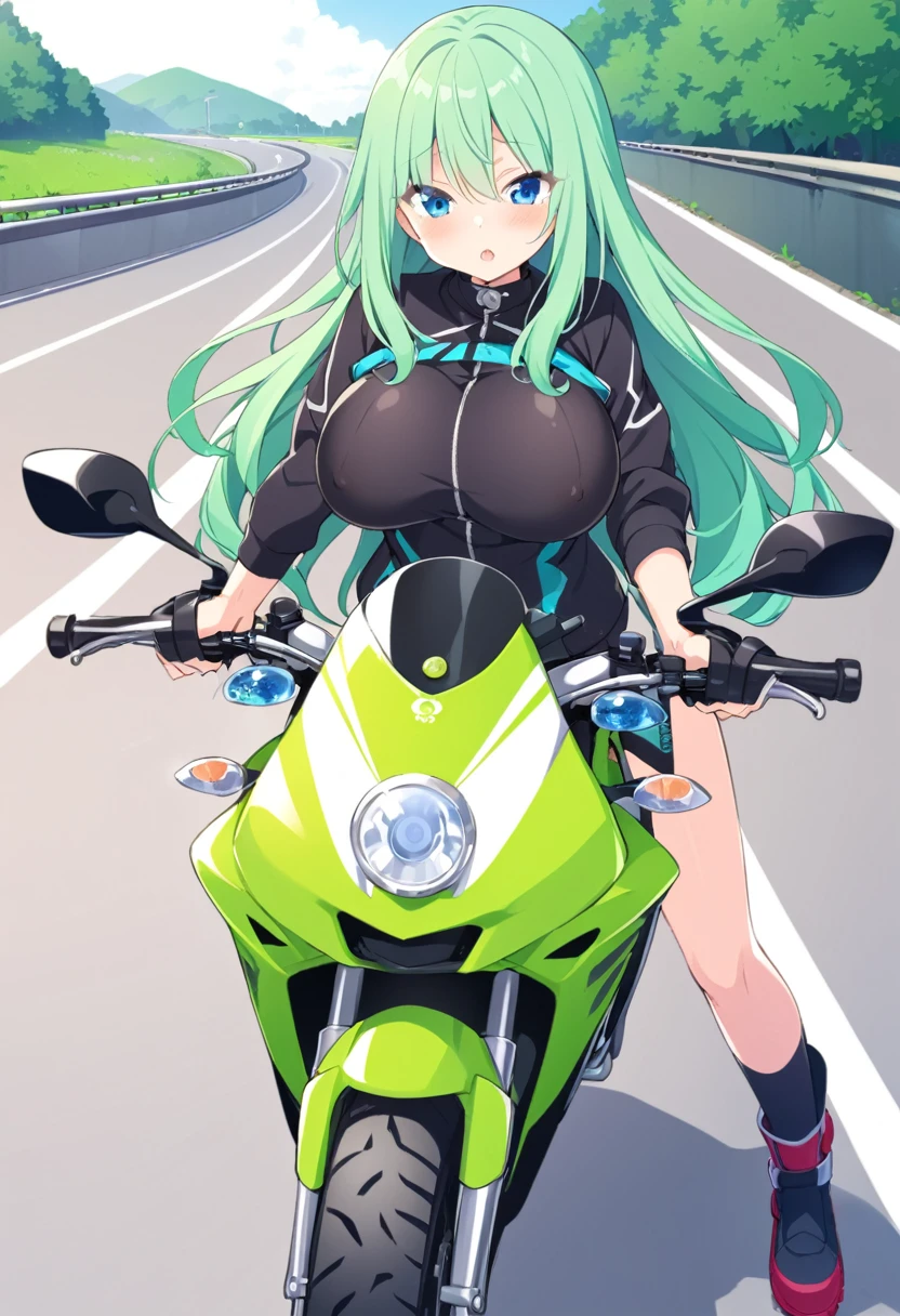 tsukishiroyoko, Green hair, long hair, Blue eyes.,, large breasts,  solo ,16years old, , nsfw. Ride an off-road bike, Expressway