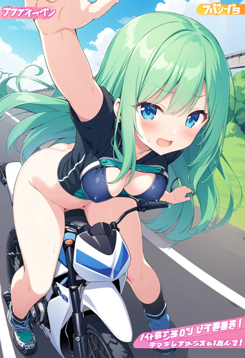 tsukishiroyoko, Green hair, long hair, Blue eyes.,, large breasts, solo ,16years old, , nsfw. Ride an off-road bike, Expressway
