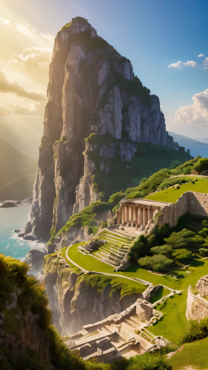 (High definition, high resolution, fantasy film, realistic, realistic comicbook style, fantasy film style), Ancient Greek temple on a cliff next to the sea, ((Day, sunrays)), ((Cloudy at the bottom)), ((Panoramic))