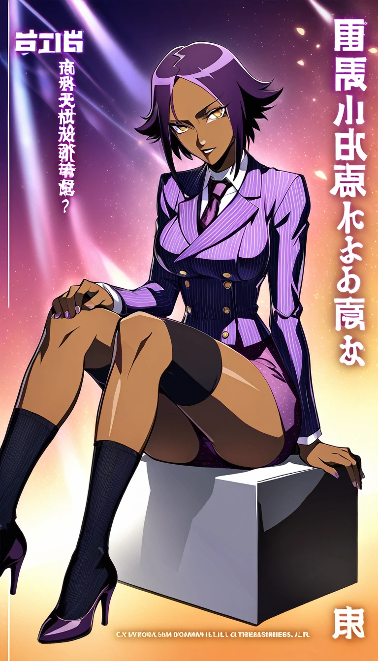  Full body Yoruichi as a thin Black business woman in a double breasted pinstripe purple  skirt suit while wearing a tie with a very long purple pinstripe skirt that covers the legs and with long black knee socks full art and make her sit down also give her thin legs and purple heels