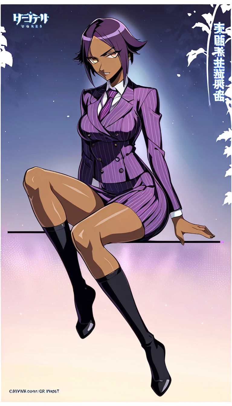  Full body Yoruichi as a thin Black business woman in a double breasted pinstripe purple  skirt suit while wearing a tie with a very long purple pinstripe skirt that covers the legs and with long black knee socks full art and make her sit down also give her thin legs and purple heels