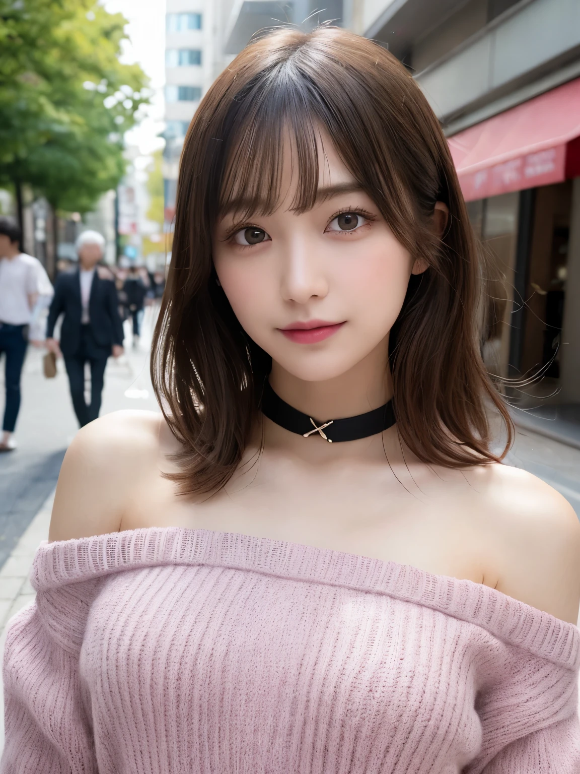masutepiece, Best Quality, Illustration, Ultra-detailed, finely detail, hight resolution, 8K Wallpaper, Perfect dynamic composition, Beautiful detailed eyes, doress,Medium Hair, mid-chest, Natural Color Lip, Random and sexy poses,Smile,Aoyama Street Walk、20 years girl、Colossal 、Too much exposure、No shoulder knitwear(pinkcolor)、Exposing the chest、Slid、Choker with chain(black)、I keep my hair tied up