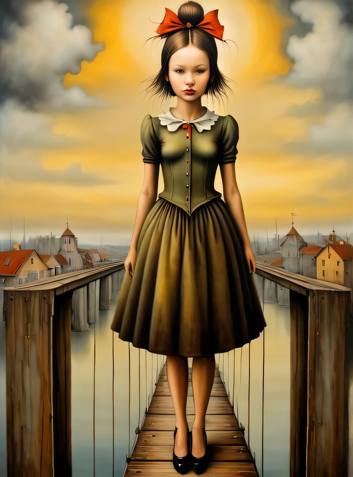 Hyperrealistic art in the style of esao andrews,esao andrews style,esao andrews art,esao andrewsa painting of a girl standing on a bridge, surrealist painting, a surrealist painting, surreal oil on canvas, surrealist oil painting, surrealism oil on canvas, surrealist landscape, surrealist landscape painting, surreal oil painting, magically shaped surrealism, style of surrealism, surreal painting, surrealist artwork, surrealism painting, inspired by Remedios Varo . Extremely high-resolution details, photographic, realism pushed to extreme, fine texture, incredibly lifelike