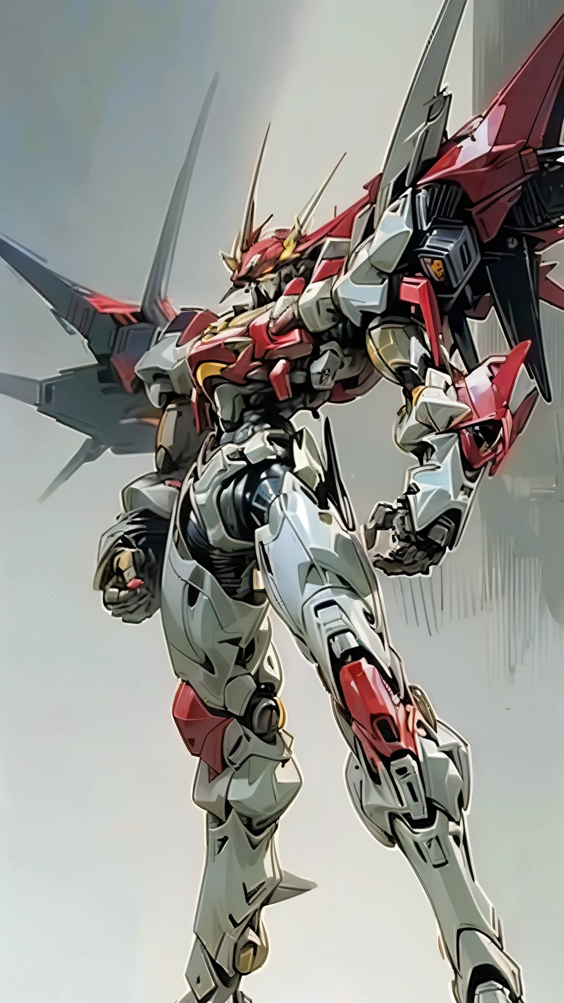 Humanoid Mecha, fully enclosed shoulder guards, matching arm and leg guards, full body, full armor, the design balances heavy with agility, (the color scheme is primarily white with red and blue accents, the concept Inspired by Super robot, organic biotech armor, standing, floating high above the futuristic sci-fi city), exquisite and  art style, (aura effect, energy, glowing eyes, the armor glows), ((SRS)), metallic, dynamic, dramatic, high definition, best quality, highres, ultra-detailed, ultra-fine painting, extremely delicate, professional, perfect body proportions, anatomically correct, symmetrical face, extremely detailed eyes and face, high quality eyes, creativity, RAW photo, UHD, 32k, Natural light, cinematic lighting, masterpiece-anatomy-perfect, masterpiece:1.5