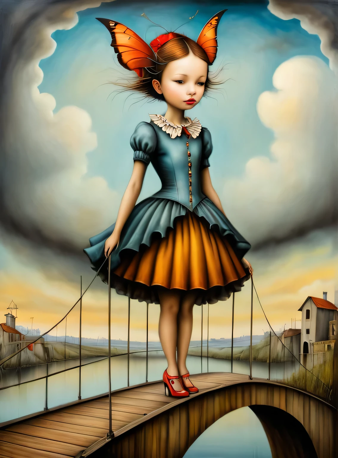 Hyperrealistic art in the style of esao andrews,esao andrews style,esao andrews art,esao andrewsa painting of a girl standing on a bridge, surrealist painting, a surrealist painting, surreal oil on canvas, surrealist oil painting, surrealism oil on canvas, surrealist landscape, surrealist landscape painting, surreal oil painting, magically shaped surrealism, style of surrealism, surreal painting, surrealist artwork, surrealism painting, inspired by Remedios Varo . Extremely high-resolution details, photographic, realism pushed to extreme, fine texture, incredibly lifelike